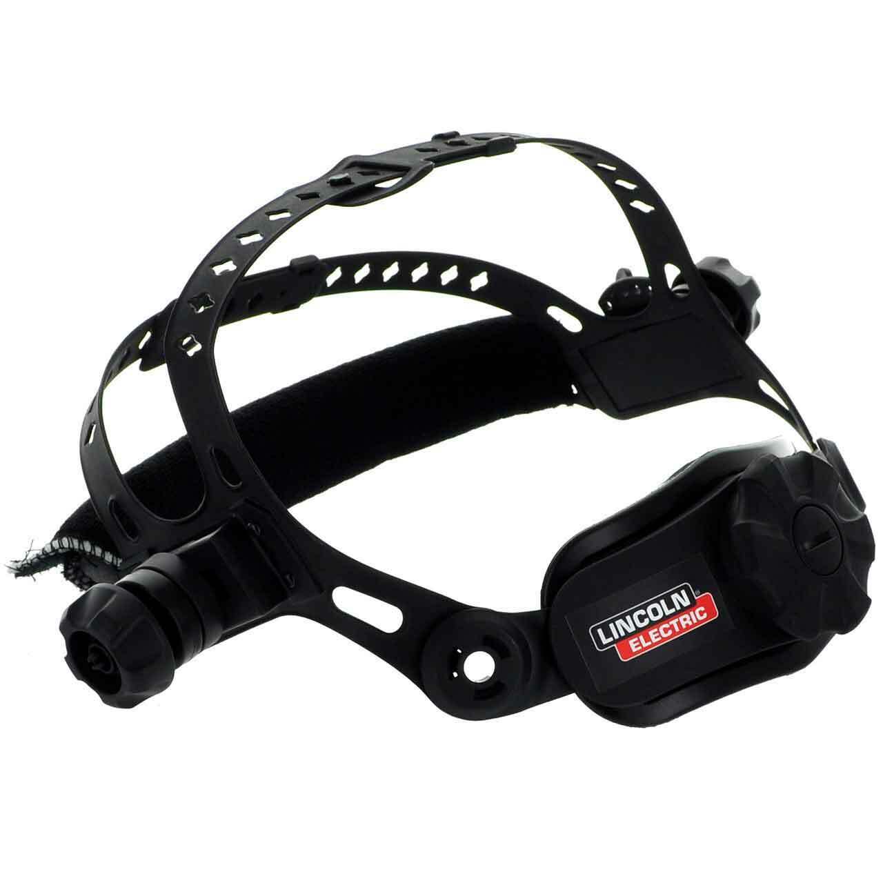 Black adjustable Viking™ welding helmet pivoting kit with Lincoln Electric branding for secure and comfortable fit