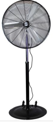 30-inch industrial pedestal fan with non-oscillating aluminum blades, energy-efficient 1/2HP motor, and three-speed settings