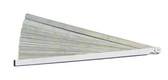 25-blade thickness gauge, 12-inch long, with knurled locking nut and etched decimal and metric sizes on blades