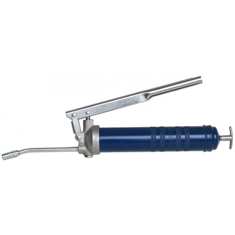 Manual lever grease gun with 14.5 oz cartridge capacity, steel body, and high-pressure lever mechanism