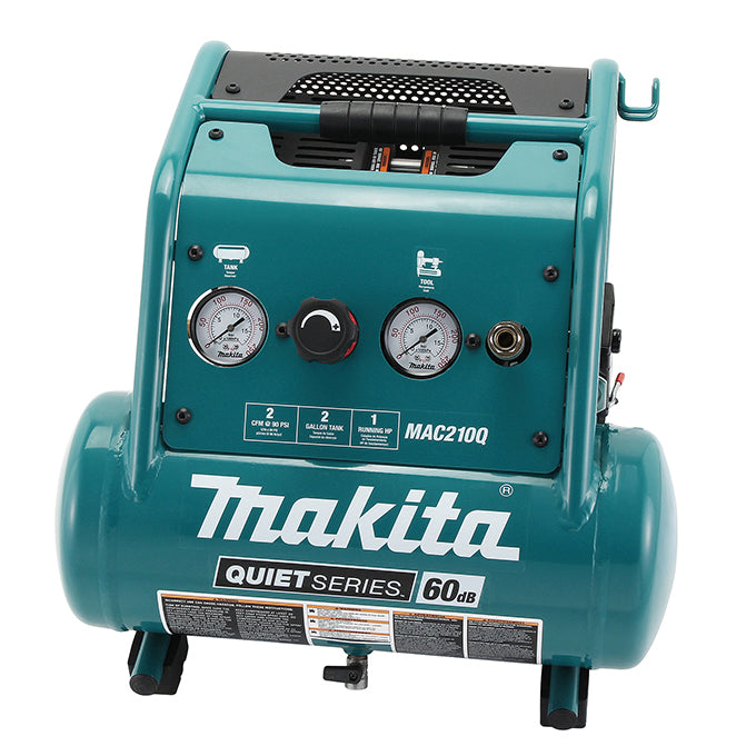 Makita MAC210Q 2-gallon oil-free air compressor with quiet double cylinder design and 60 dB noise level for indoor use