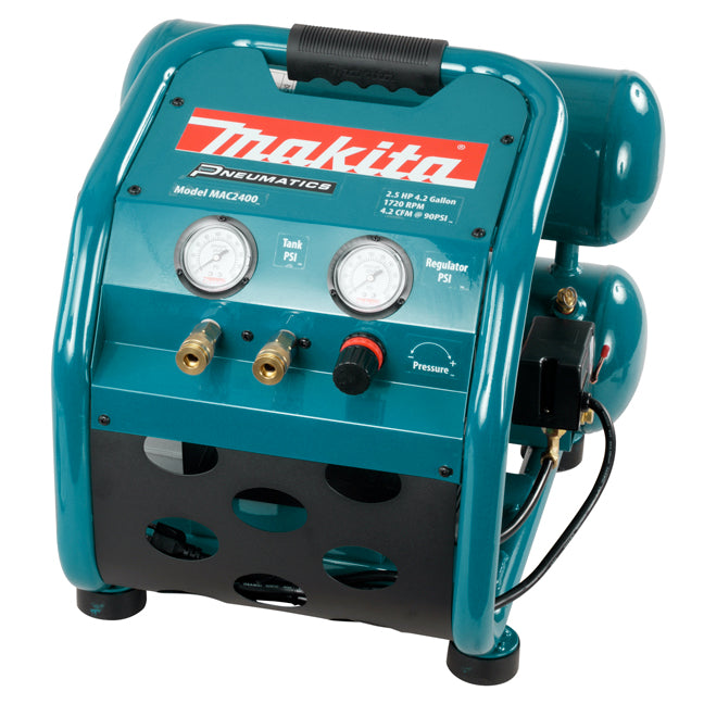 Compact oil-lubricated 4.2-gallon Makita MAC2400 air compressor with dual pressure gauges and durable steel frame