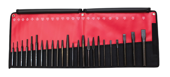 24-piece punch and cold chisel set with black oxide finish in red and black roll-up storage pouch