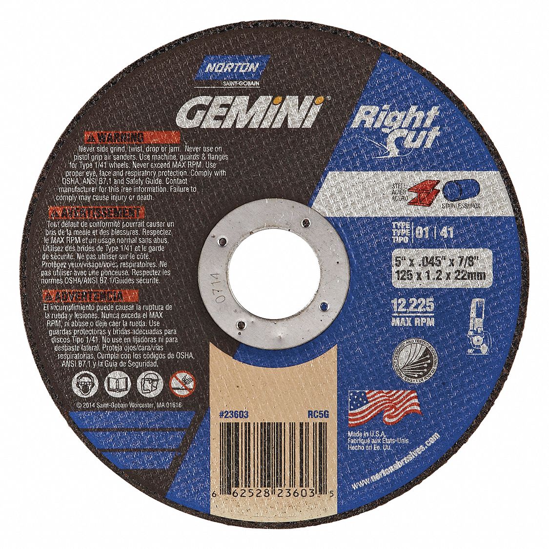 6-inch Gemini RightCut 0.045 thick cutting wheel with 7/8-inch arbor for fast, durable right-angle tool cutting