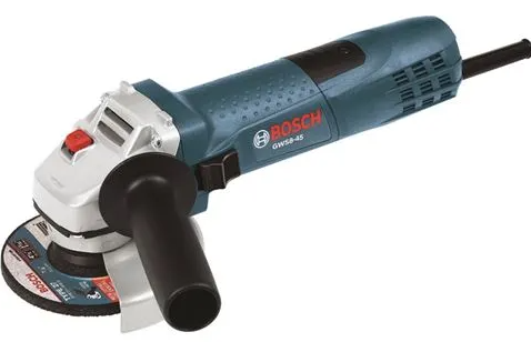 4 1/2 inch Bosch GWS8-45 angle grinder with 7.5A motor, ergonomic handle, and durable carbon brushes for long tool life