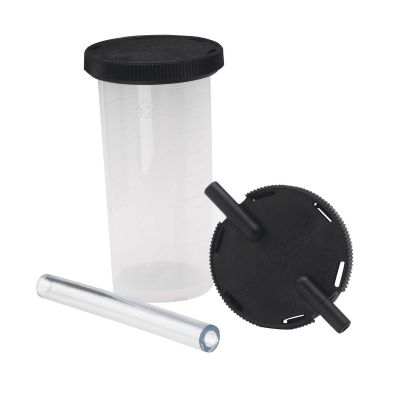 4oz clear plastic reservoir with black screw cap and vacuum pump adapter for liquid collection and dispensing