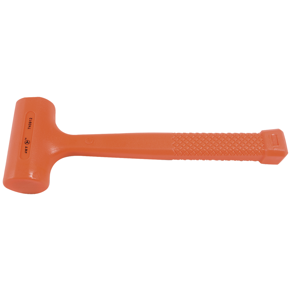 Orange safety hammer with one-piece PVC body filled with steel shot, designed as a non-rebound tool for visible impact tasks