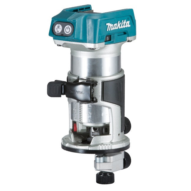 Compact cordless Makita router with brushless motor, adjustable depth, and ergonomic teal and silver design