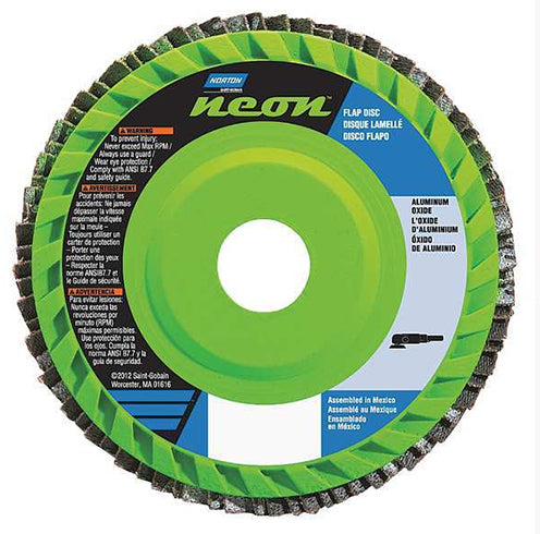 4 1/2 inch flap disc with aluminum oxide abrasive, designed for finishing and blending flat surfaces, blue grit 60