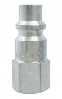Zinc-plated steel fitting with 1/4-inch female NPT threading, used for pipe or hose connections