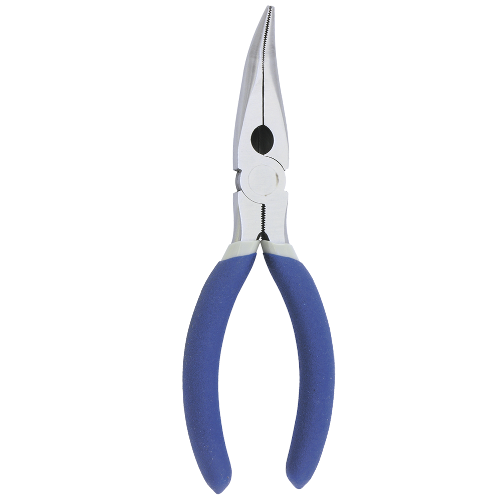 Long nose bent pliers made of chrome vanadium steel with induction-hardened cutting edges and cushioned blue handles