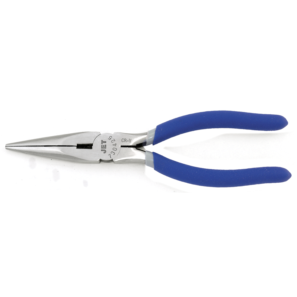 Long nose pliers made of chrome vanadium steel with induction-hardened cutting edges and cushioned double-molded blue handles