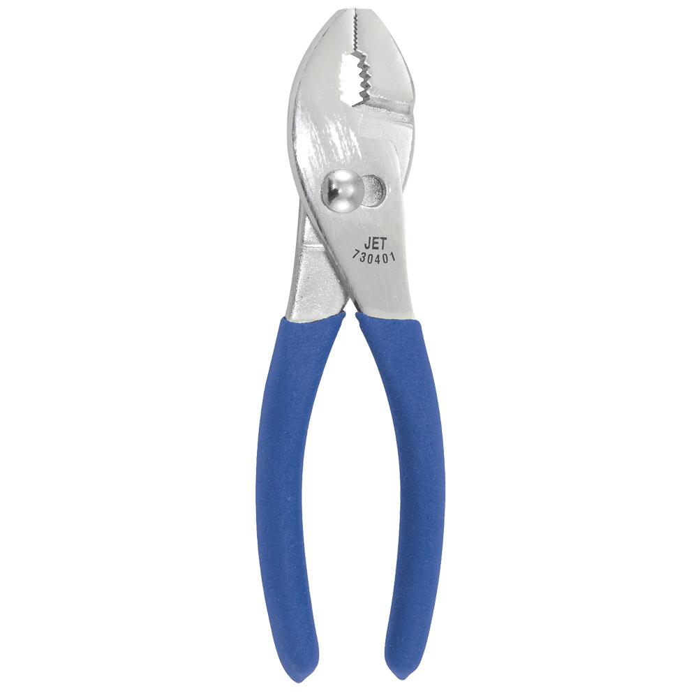 Jet articulated joint pliers with induction-hardened cutting edges and cushioned double-molded blue handles for comfort