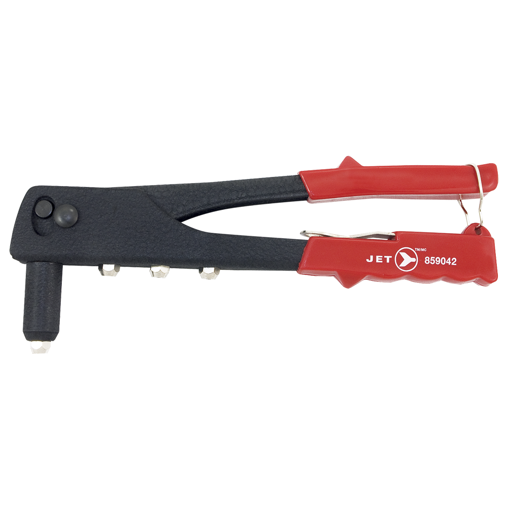 Industrial hand riveter with steel build, black body, red ergonomic handle, designed for aluminum rivets use.