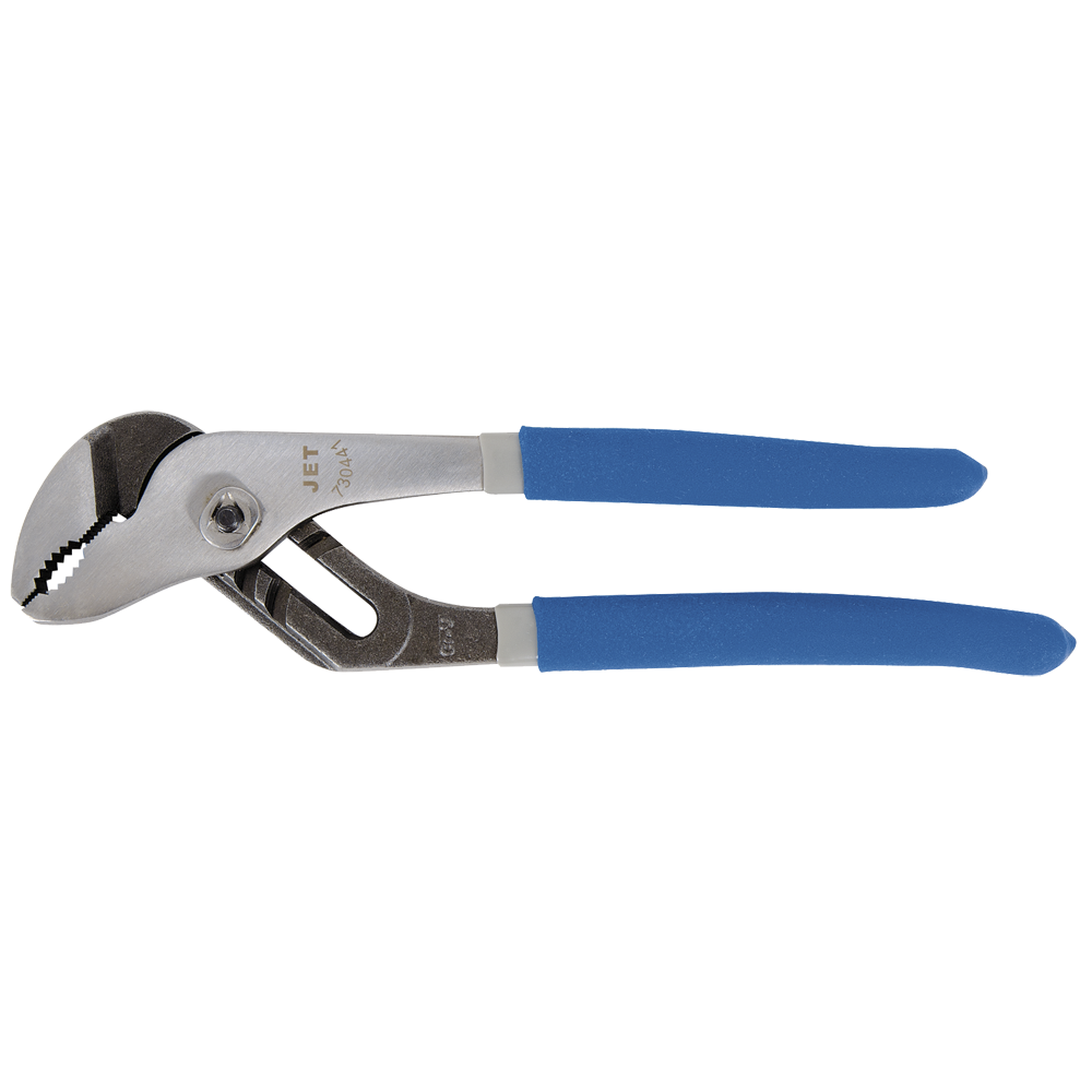 Chromium-vanadium steel sliding pliers with induction-hardened jaws, cushioned double-molded blue handles for grip