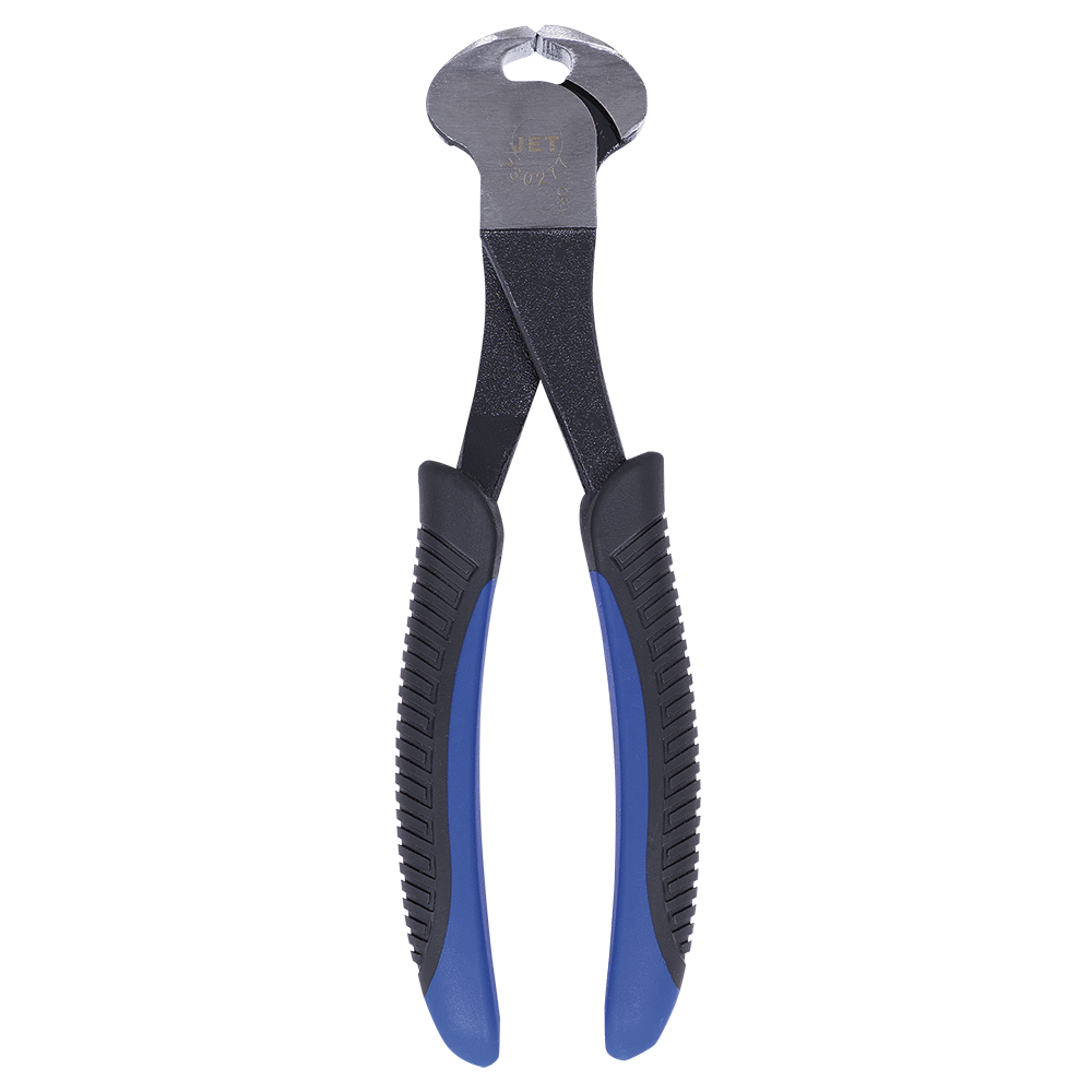 8-inch end nipper jet pliers with chrome vanadium steel construction and ergonomic rubberized blue and black handles
