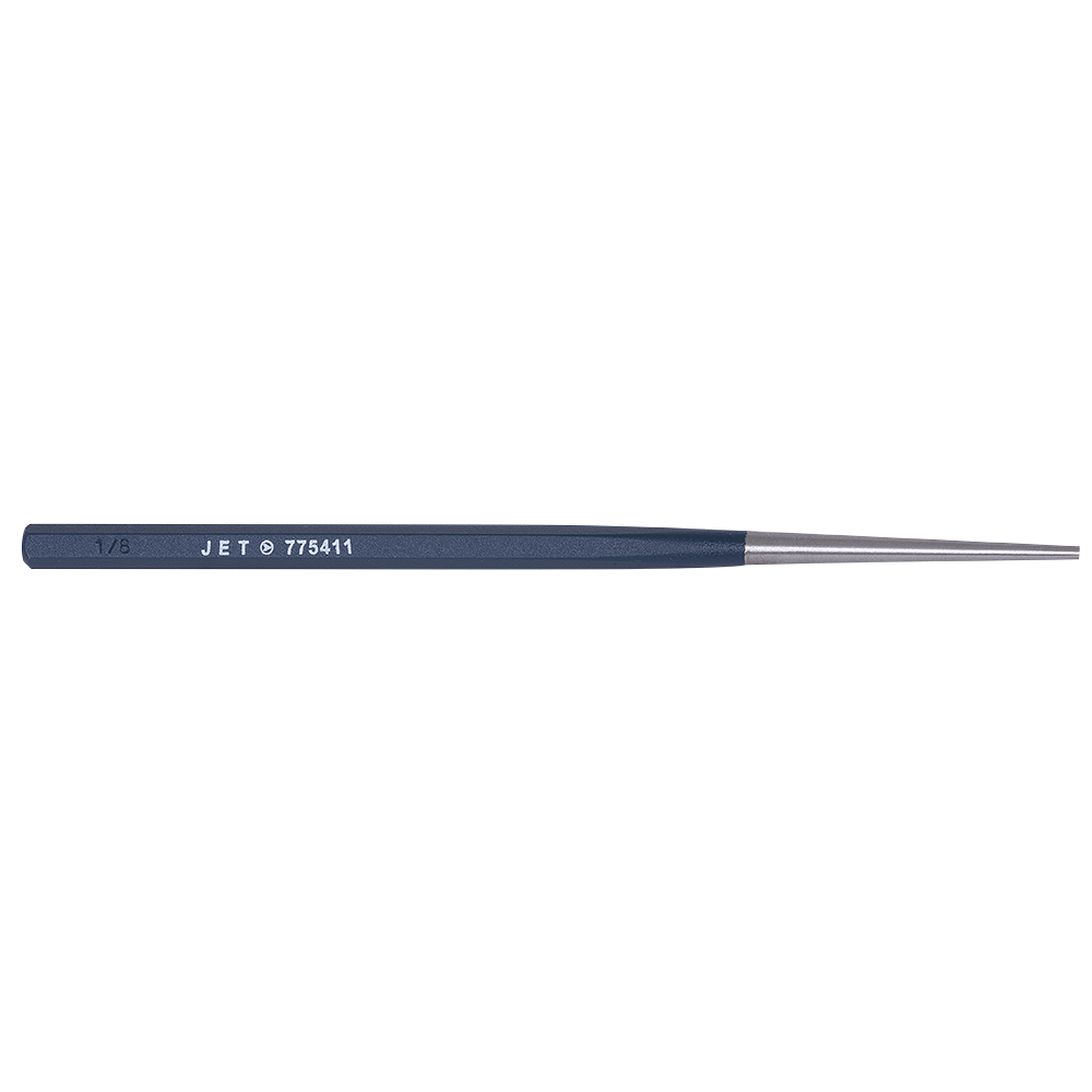 High-carbon steel pin punch with rust-resistant sprayed coating and sharpened cutting edges, hexagonal shank design
