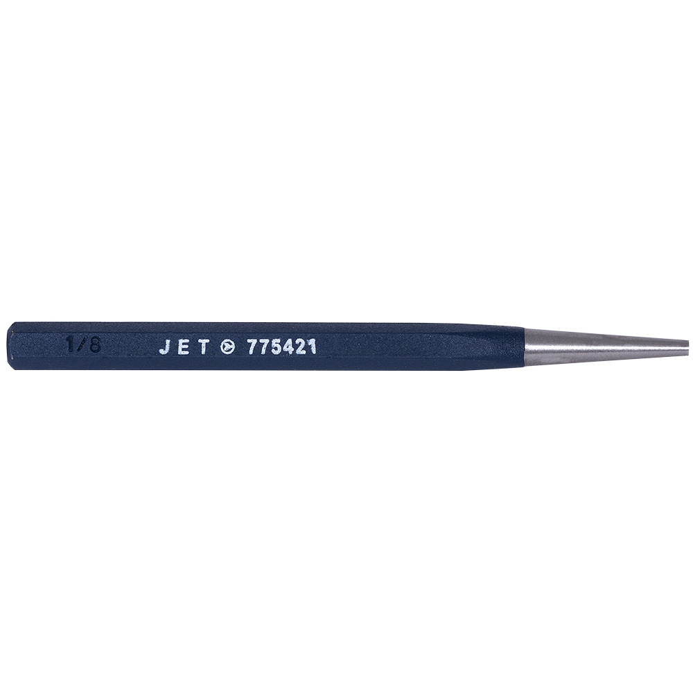 High-carbon steel solid punch with rust-resistant sprayed coating and precision sharpened tip, hexagonal shank design