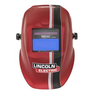Red Lincoln Electric Viking 1740 welder helmet with auto-darkening filter and adjustable headgear for professional use
