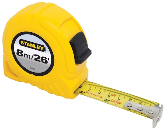 Yellow Stanley 8m/26ft measuring tape with durable ABS case, metric and SAE markings, and poly-coated blade