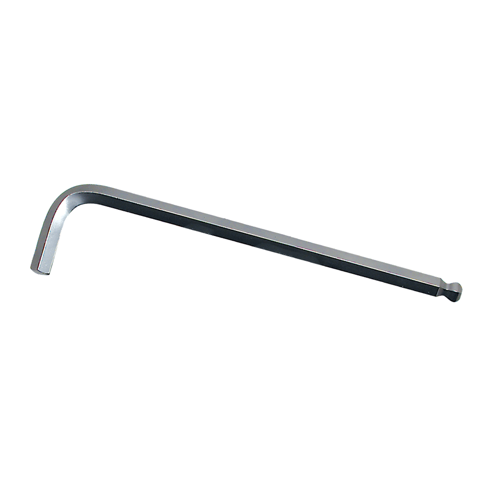 Extra-long Allen key with spherical tip and hexagonal end for increased reach and higher torque during loosening tasks