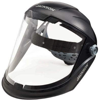 Extra-large protective face shield with shock-resistant polycarbonate visor and adjustable ratchet head suspension band