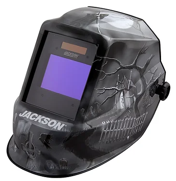 Auto-darkening welding helmet with black cracked design and detailed tombstone artwork, adjustable headgear and large viewing window