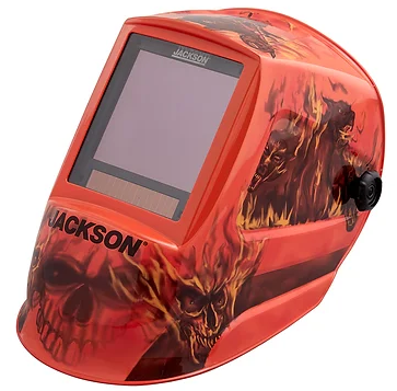 Auto-darkening welding helmet with flaming skull design, adjustable fit and large viewing lens for professional use