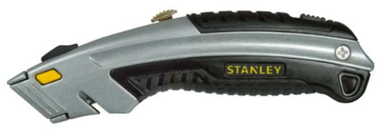 Retractable utility knife with metal core, soft dual-material grip, curved ergonomic handle, and tool-free blade change button