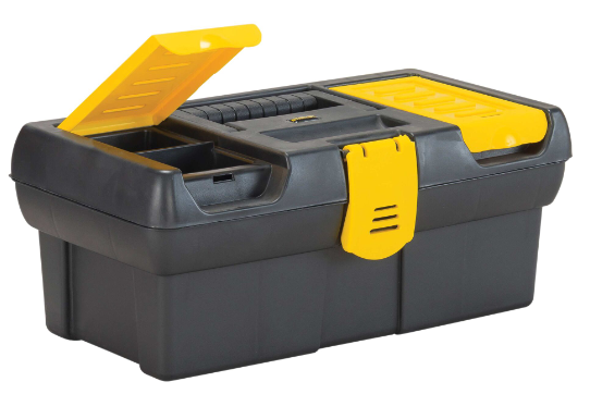 12.5-inch Stanley toolbox with dual top compartments, yellow latch, integrated padlock eyelet, and soft rubber handle