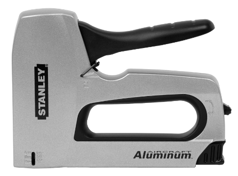 Stanley robust aluminum staple gun with ergonomic black handle, compatible with 6 to 14 mm Type-G staples