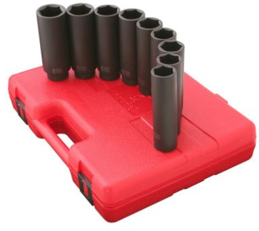 12-piece 1/2" drive extra deep metric impact socket set with blow-molded red storage case and durable black finish