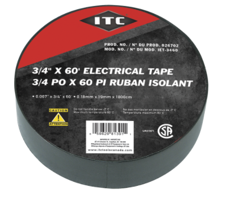 Black electrical tape 3/4 inch by 60 feet with CSA approval and temperature range -7 to 80 degrees Celsius