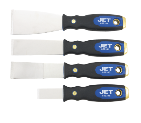 Set of 4 JET scrapers with stainless steel rigid blades and ergonomic non-slip handles for heavy-duty scraping tasks