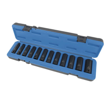 12-piece 1/2" impact deep socket set made from high-strength chrome molybdenum steel SAE 4140 in blue case