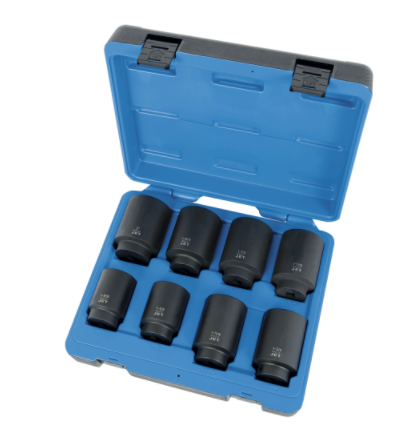 8-piece long impact sockets set in 1/2" drive, made from high-strength SAE 4140 chrome molybdenum steel