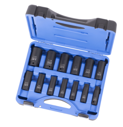 13-piece impact socket set 1/2" drive SAE, chrome molybdenum steel, torque drive design in blue plastic case
