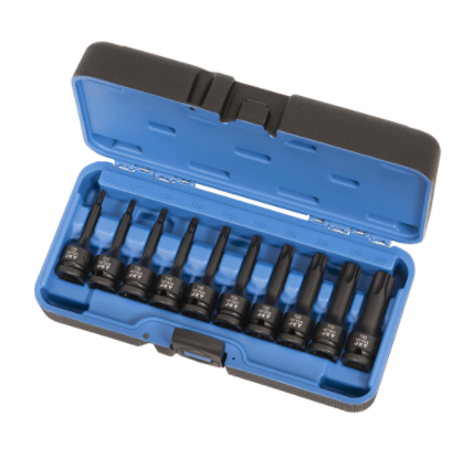 10-piece 1/2" drive impact Torx socket set made of SNCM 8660 steel with manganese phosphate finish in molded case