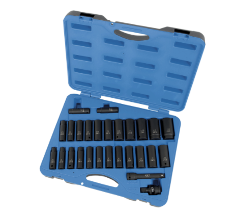 27-piece 1/2-inch impact socket set in SAE and metric sizes with black chrome molybdenum steel sockets and carrying case
