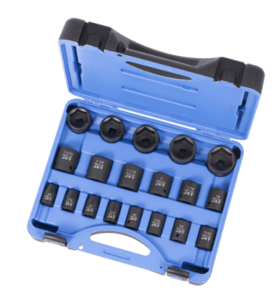 19-piece 1/2 inch impact socket set SAE made from chrome molybdenum steel in blue plastic case