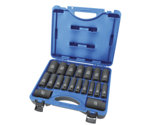 19-piece 1/2" drive long impact sockets set in blue plastic case, SAE chrome molybdenum steel construction