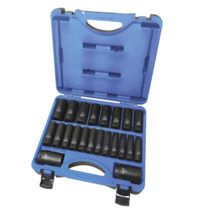 22-piece 1/2" drive long impact socket set made of high-strength chrome molybdenum steel in blue carrying case