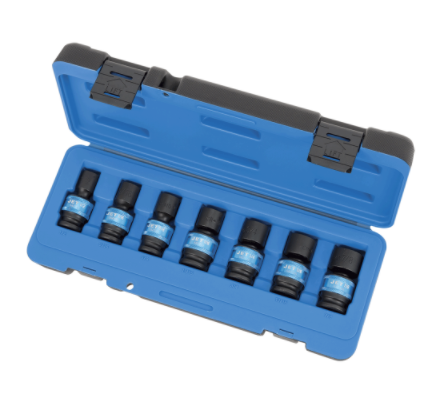 7-piece SAE impact socket set in 1/2 inch drive with chrome molybdenum steel, housed in blue plastic case