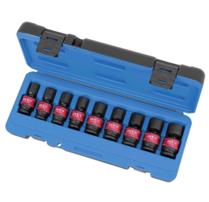 9-piece 1/2'' impact socket set in blue case, chrome molybdenum steel, high shock resistance, flexible universal joints