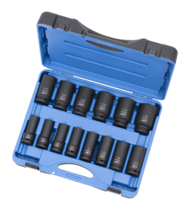 14-piece SAE impact deep socket set in blue plastic case, chrome-molybdenum steel, high shock resistance