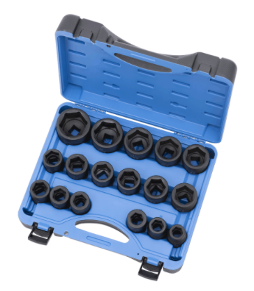 17-piece 3/4 inch impact socket set in blue case, chrome-molybdenum steel with TORQUE DRIVE® design