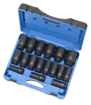 17-piece 3/4 inch impact sockets set in blue case, made from high-strength chrome-molybdenum steel