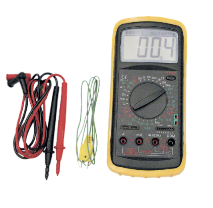 Digital multimeter with yellow rubber case, LCD display, test probes, and thermocouple wires for electrical measurements