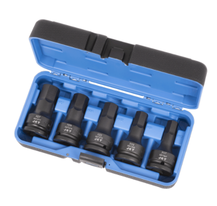 5-piece 3/4" impact hex socket set in molded blue case, made of SNCM 8660 steel with phosphate finish