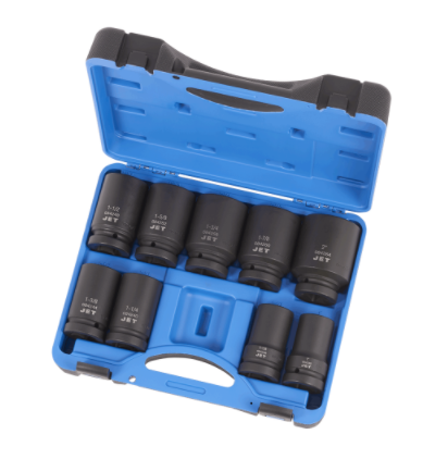 9-piece SAE deep impact socket set made of high-strength chrome-molybdenum steel with torque drive design